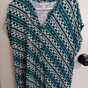 Ladies V-Neck Turquoise, Black & White Large.. Blouse Silky